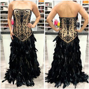 Sue Wong Black Swan Embellished Ornate Feather Strapless Gown $895